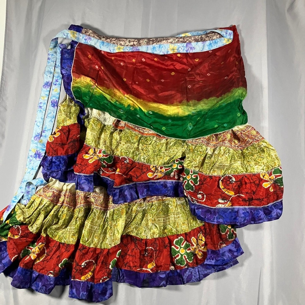 Bohemian Silk Wrap Skirt Rainbow Tie Dye Tiered Ruffled Made in Nepal - Picture 5 of 14